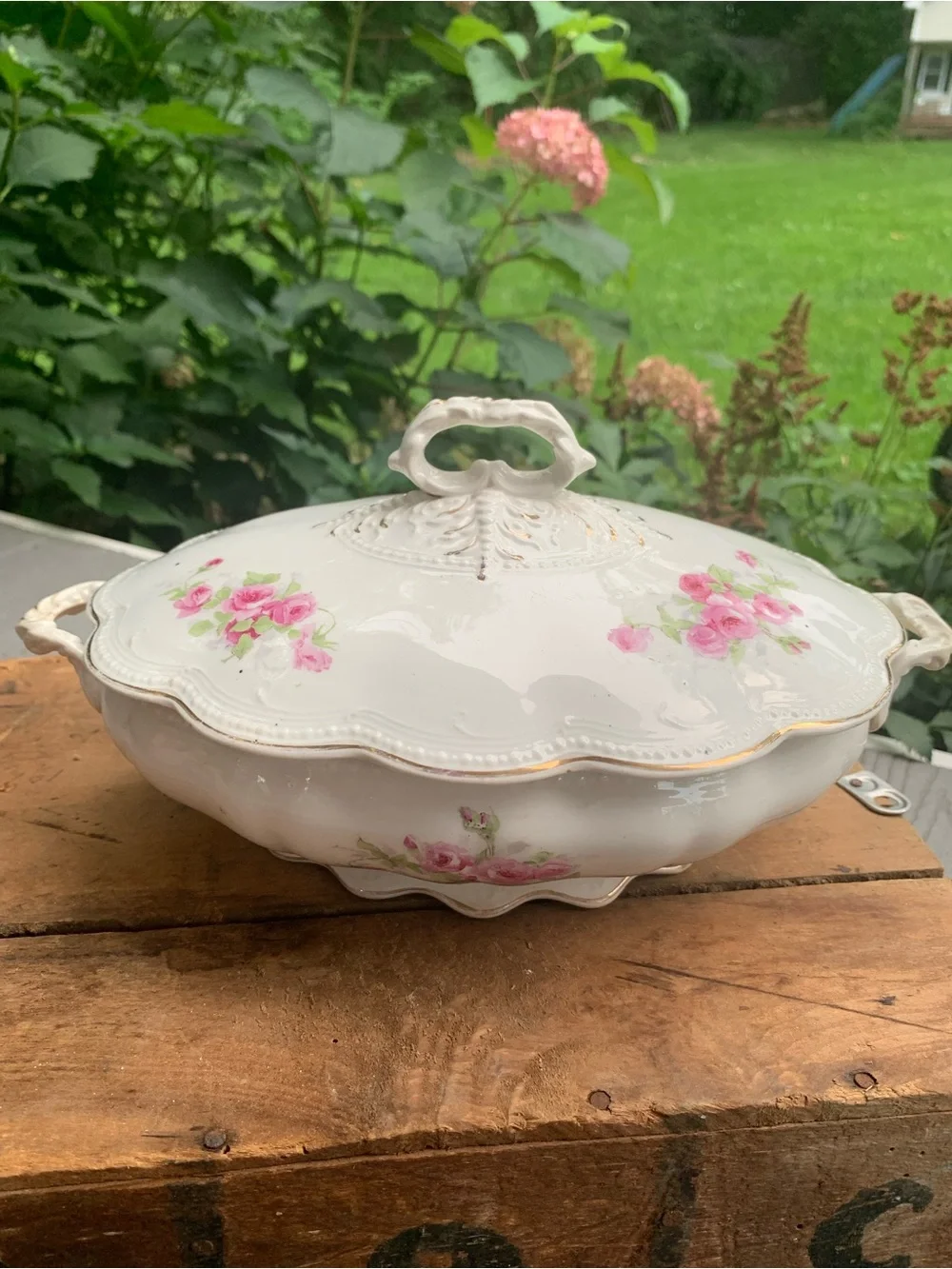 Vtg Porcelain Covered Serving Dish with Pink Rose Motif